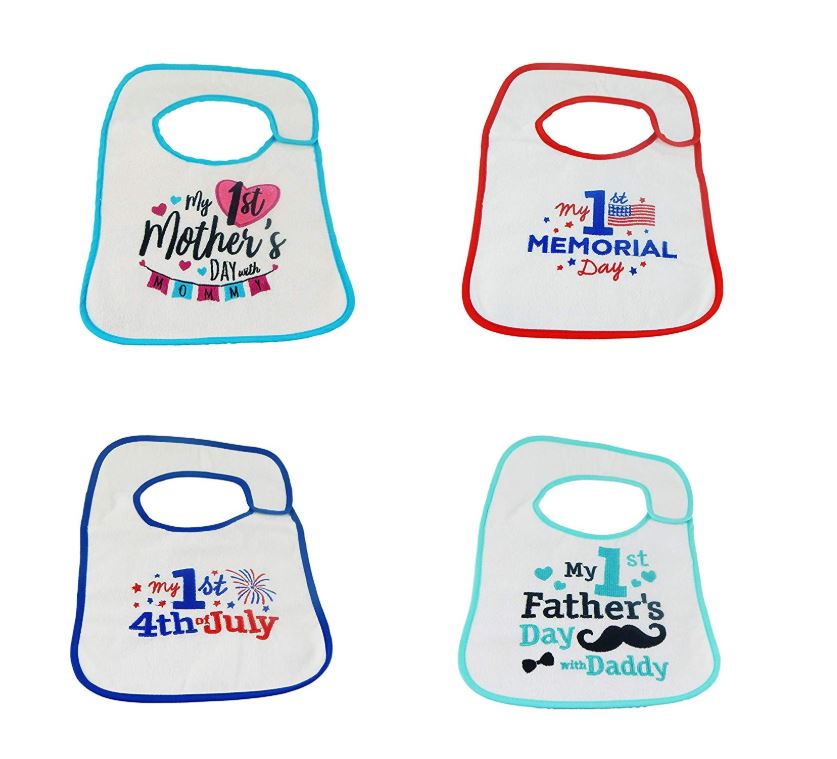 Hello Baby Wonder Baby's First Mother's Day, Memorial Day, Father's Day, July 4th Bib Set - 4pk - Hellobabywonder